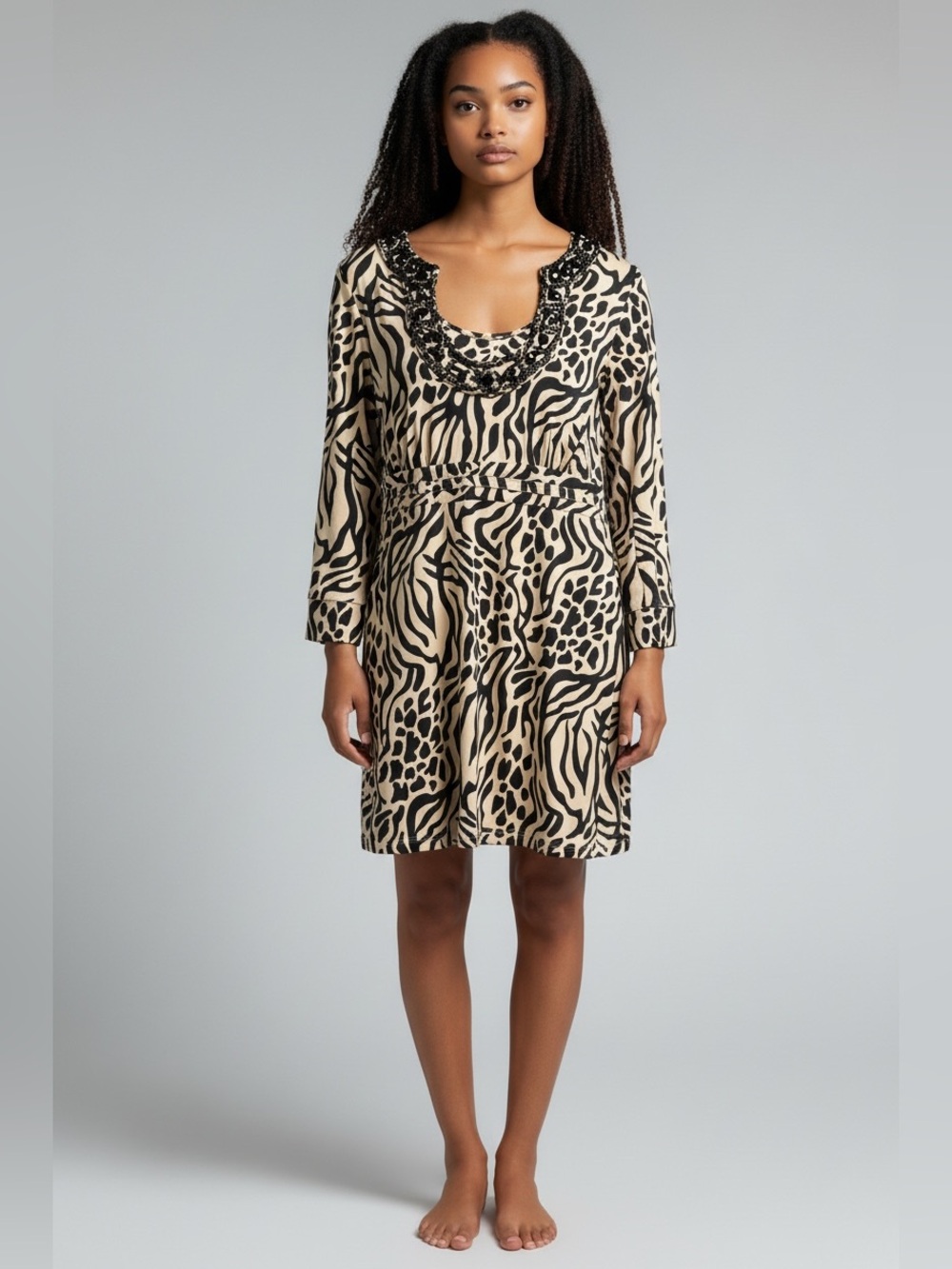 INC International Concepts Beige and Black Animal-Print Long-Sleeve Dress